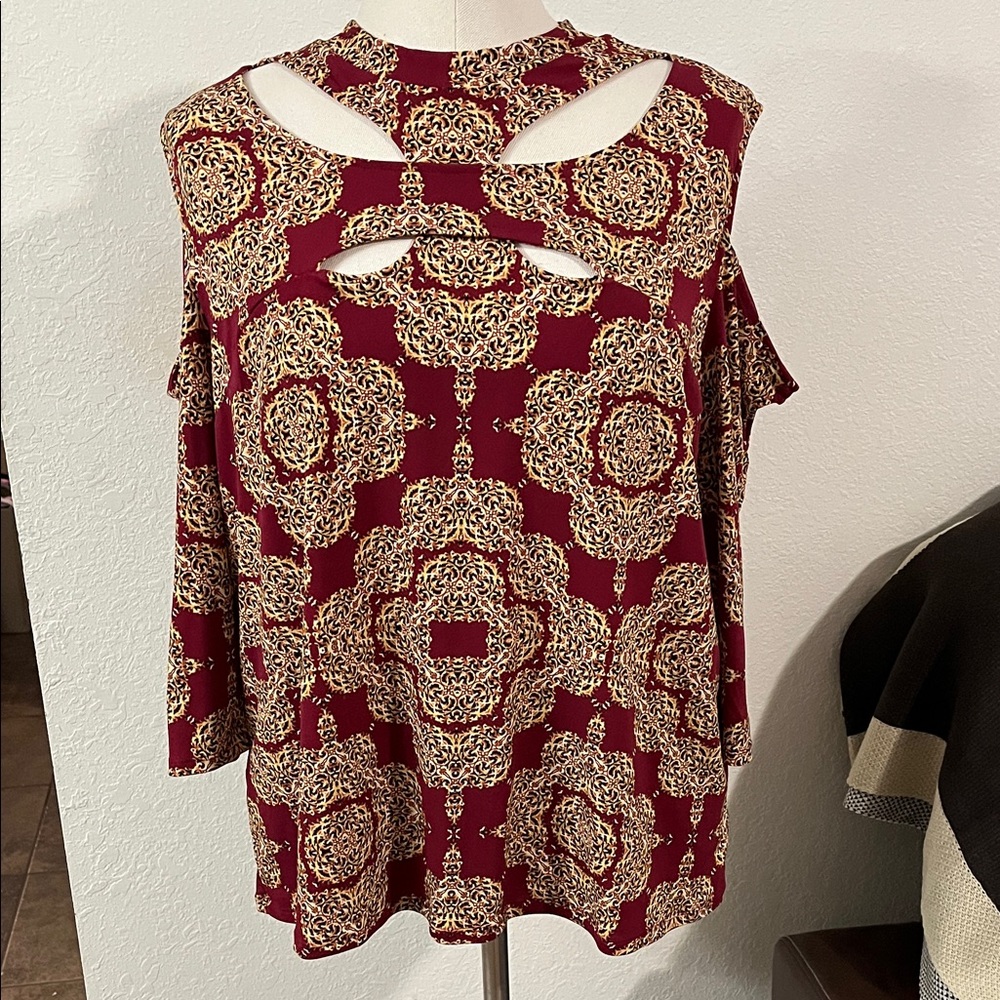 Bold Elements Burgundy And Gold Patterned Blouse - image 2